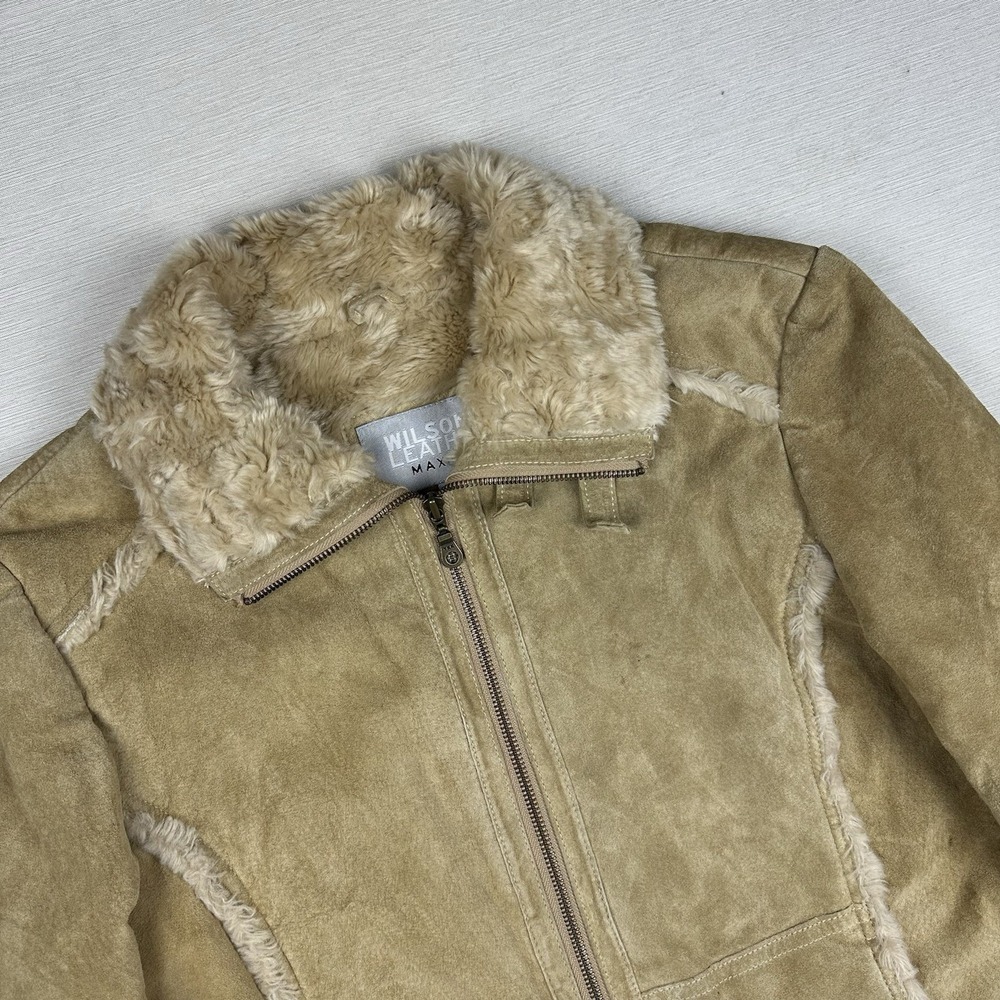 Vtg 90s Wilsons Leather MAXIMA Suede Moto Jacket Shearling Women L Beige - Picture 2 of 13